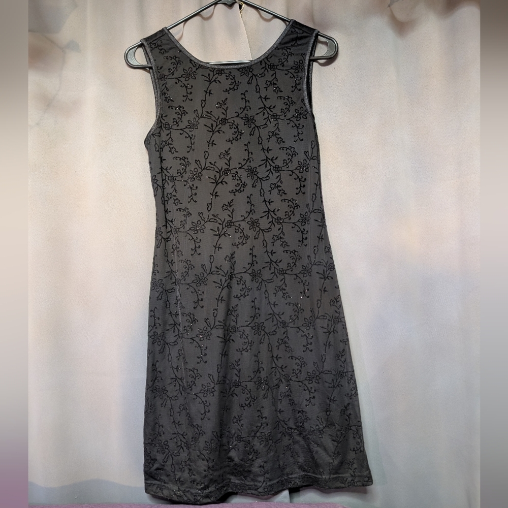 Vintage Whimsigoth Black Floral Dress, Velvet/Glitter, Lined, 90s Grunge/Gothic